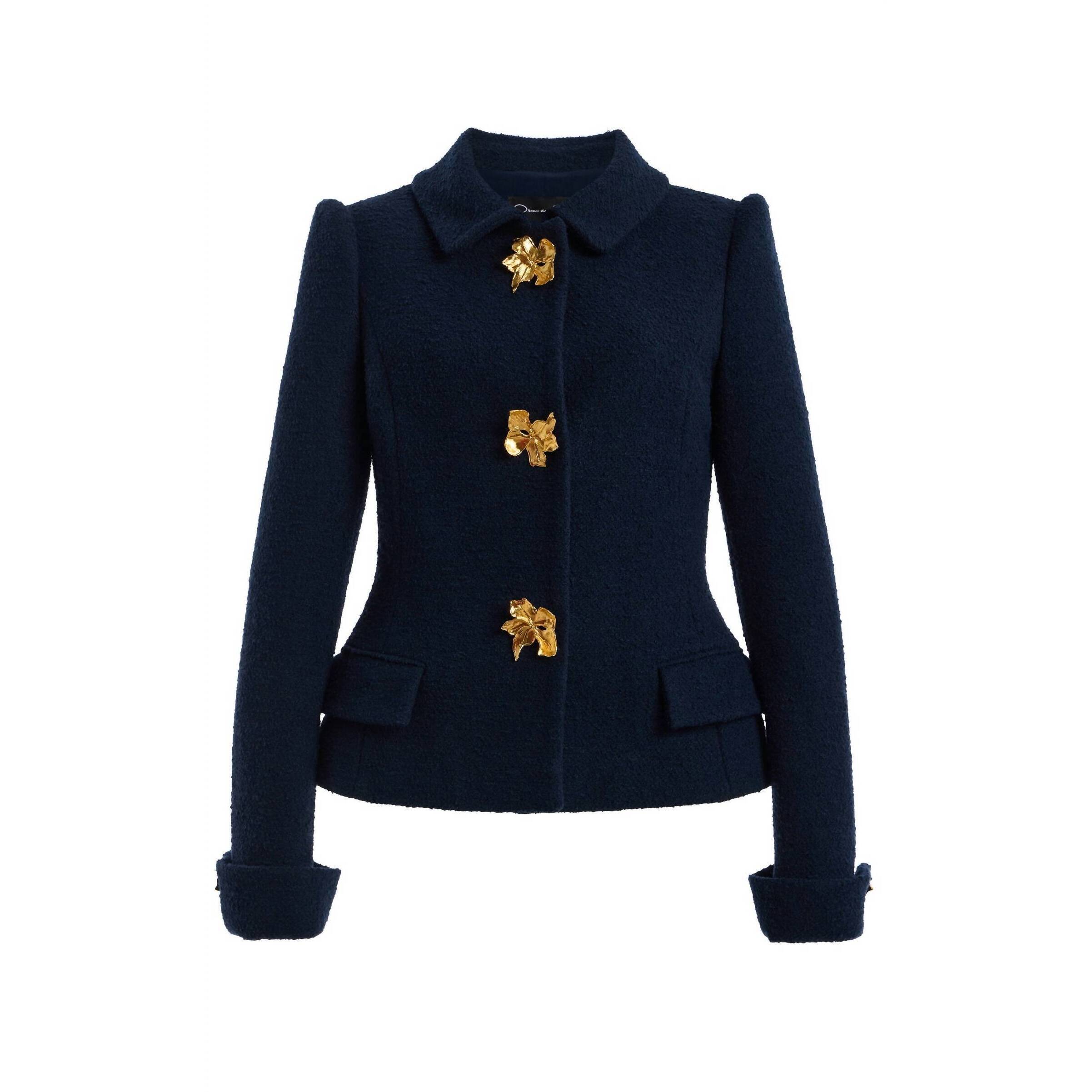 New Oscar De La Renta Women's Floral Button Tweed Jacket In Navy